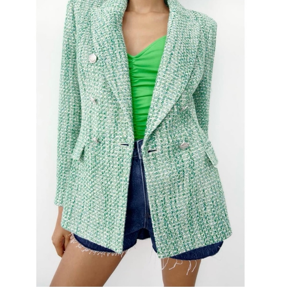 Zara Blazer Buttoned Textured Weave Double Breasted in Tweed Green White